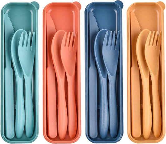Reusable Wheat Straw Cutlery with Case, Portable Dark Utensils Set for Adults, Tableware Camping Cutlery Set for 4 People, Travel Utensils for Kitchens, Dishwasher Safe