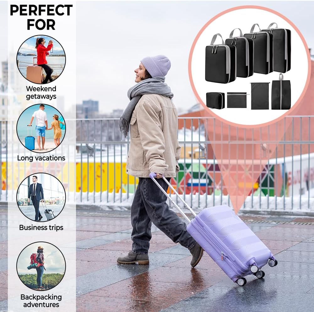 UniPro GOODS- Travel Bag Luggage Organizers 8 piece set- Compression Packing Cubes for Suitcases, Drawstring Pouch and Shoe Bag, Travel Accessories, More Lightweight and Durable