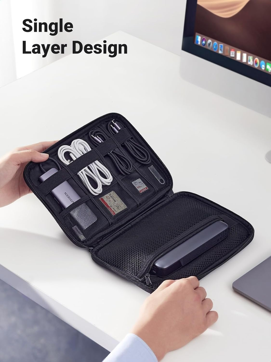 UGREEN Electronic Organizer, Portable Travel Gadget Bag, Large Capacity Tech Pouch for Small Charger Adapter Power Bank Hard Drive SD Card, Cable, Single-Layer