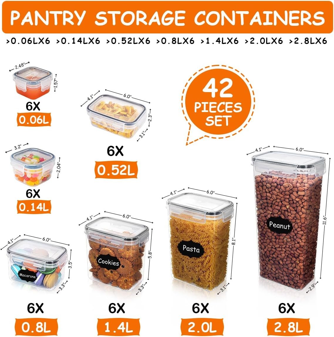 Anshine 42Pack Airtight Food Storage Containers Set, Leak-Proof Plastic Pantry Storage Containers & Cereal containers for Kitchen, Flour, and Sugar Organizer, BPA Free