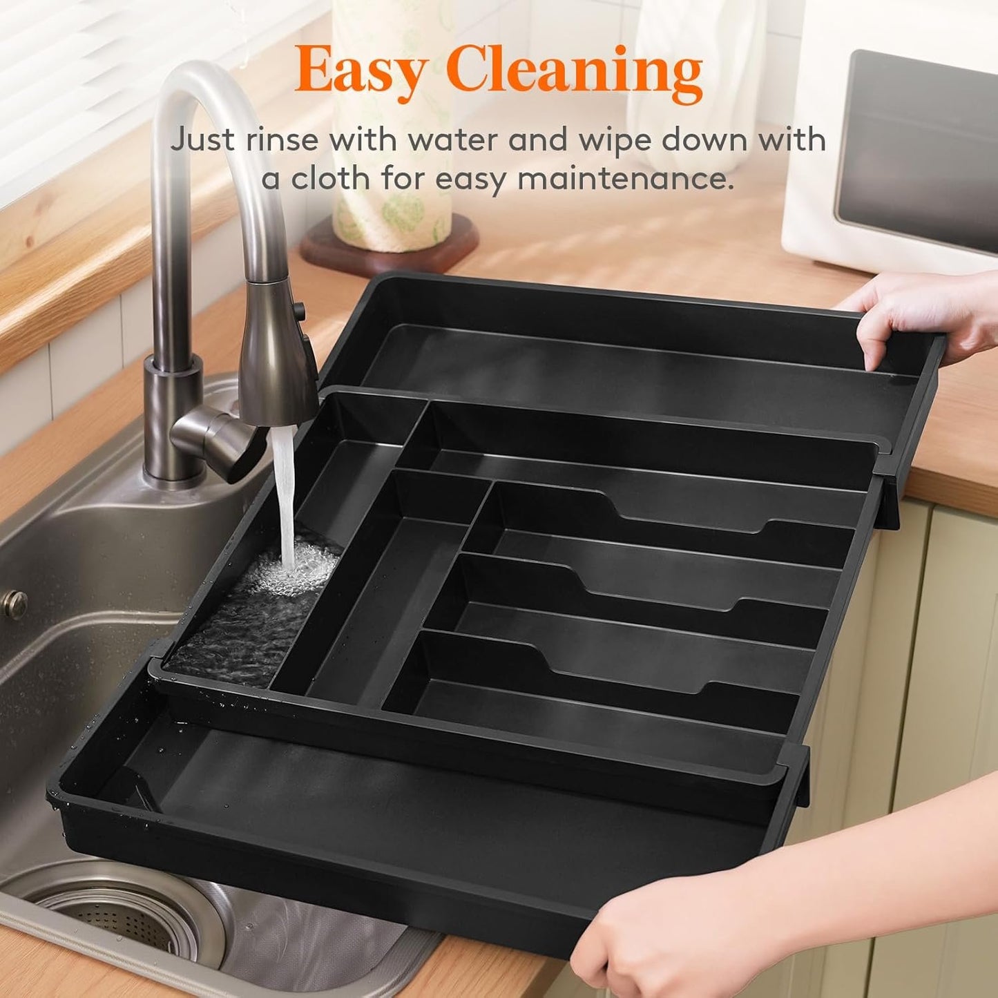 Lifewit Expandable Silverware Drawer Organizer, 22.4 x 16.7 x 2 inches, Adjustable Utensil Cutlery Tray for kitchen, Plastic Flatware Spoon Fork Knives Holder Storage Divider,1 Pack, Black