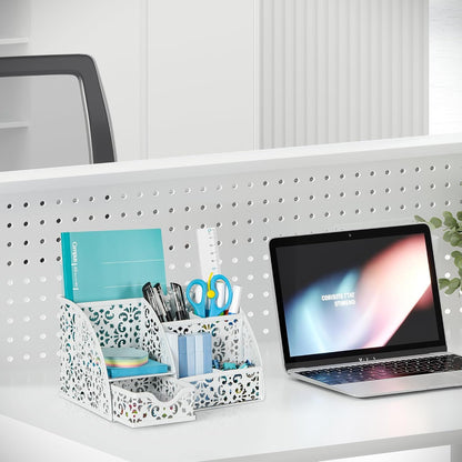 EasyPAG Desk Organizers with Drawer Office Desk Accessories Pen Holder Metal Desk Organizer with 5 Compartments 1 Drawer for Office Supplies,White