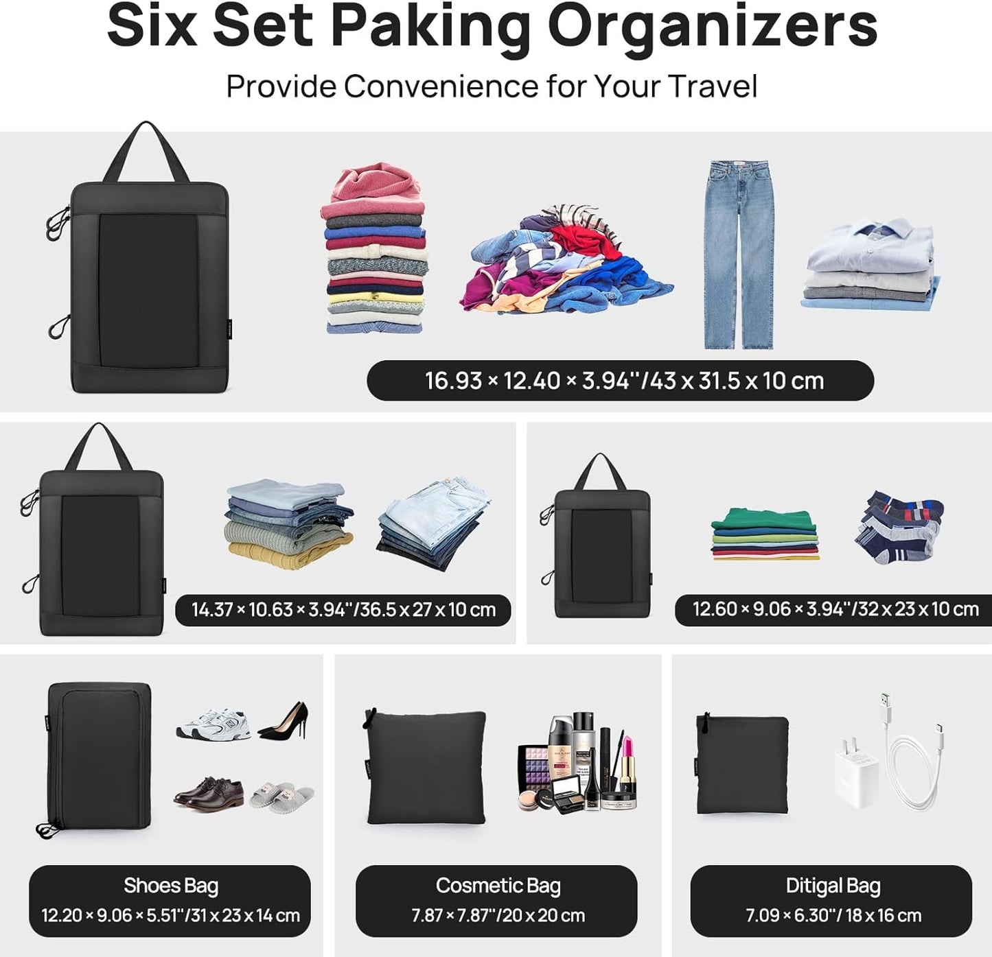 Carttiya Space-Saving Travel Suitcase Organizer Set, Waterproof Expandable Ultralight Compression Packing Cubes, Suitcase Organizers, Travel Backpack Organizers (Black, 6 Pieces)
