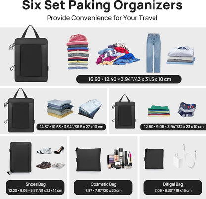 Carttiya Space-Saving Travel Suitcase Organizer Set, Waterproof Expandable Ultralight Compression Packing Cubes, Suitcase Organizers, Travel Backpack Organizers (Black, 6 Pieces)