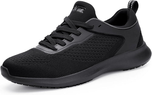 SPIEZ Mens Non Slip Shoes, SRC Slip-Resistant Certified Food Service Shoes, Lightweight Breathable Slip On Work Sneakers Black US7.5-12