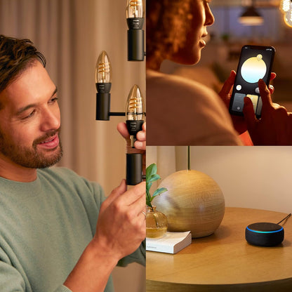 Philips Hue Filament Candle White Ambiance LED Smart Light Bulb E14 Small Edison Screw 4.9W for Indoor Home Lighting. Bedroom