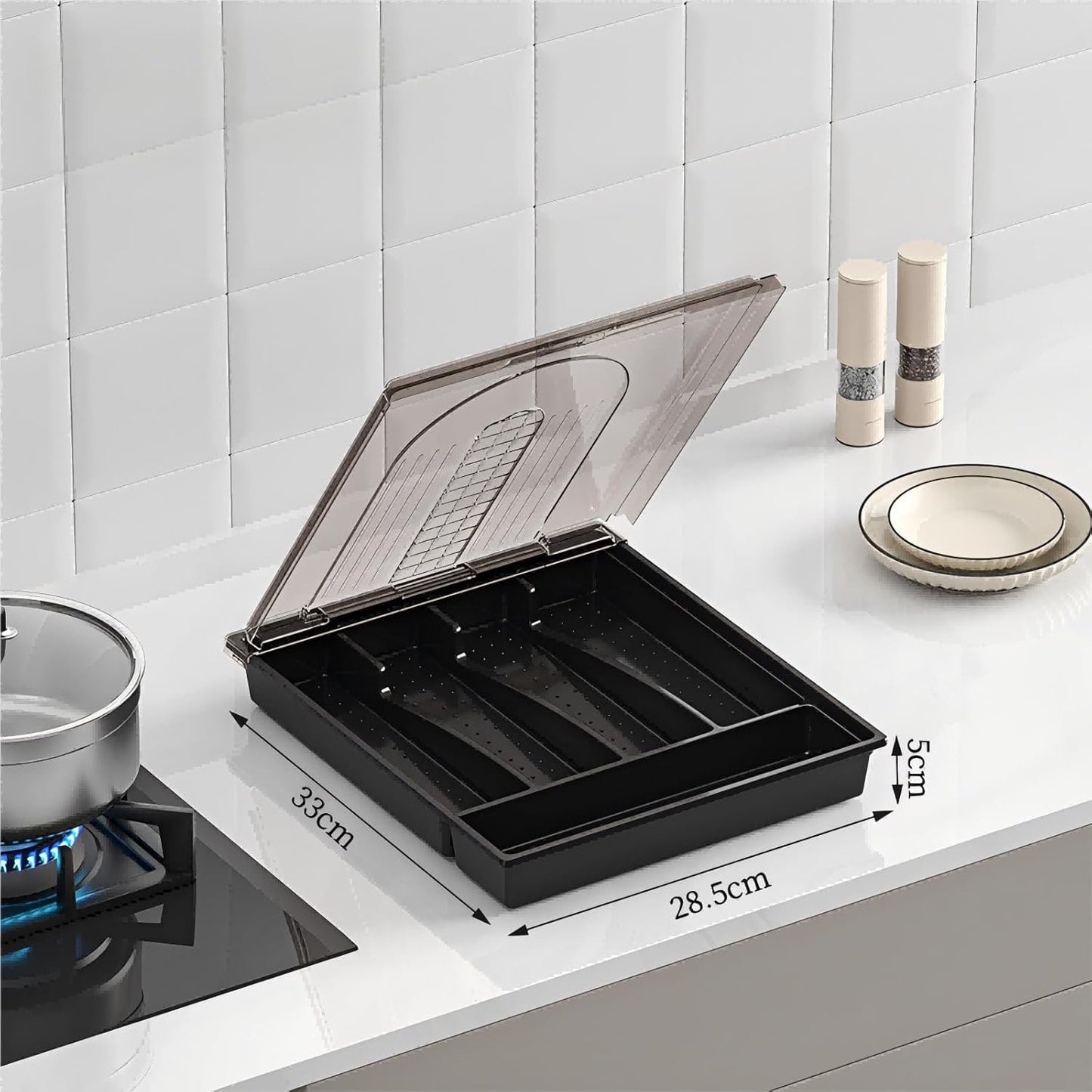Slotlien Cutlery Drawer Organiser with Lid, Silverware Organizer, Kitchen Utensil Storage, Covered Utensil Tray for Kitchen Drawer and Countertop, Spoons Forks Knives Holder Storage Dividers (Black)
