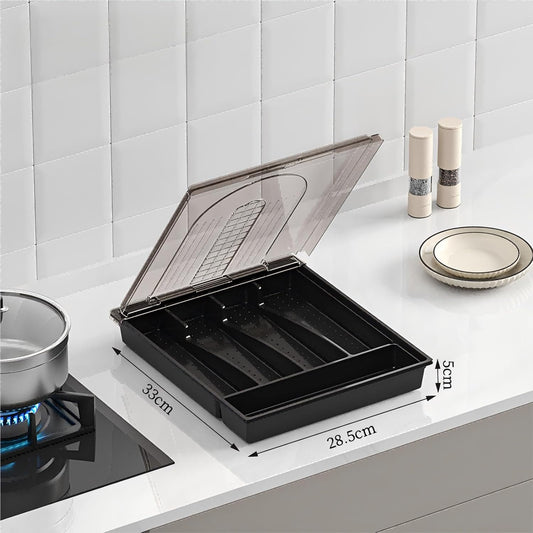 Slotlien Cutlery Drawer Organiser with Lid, Silverware Organizer, Kitchen Utensil Storage, Covered Utensil Tray for Kitchen Drawer and Countertop, Spoons Forks Knives Holder Storage Dividers (Black)