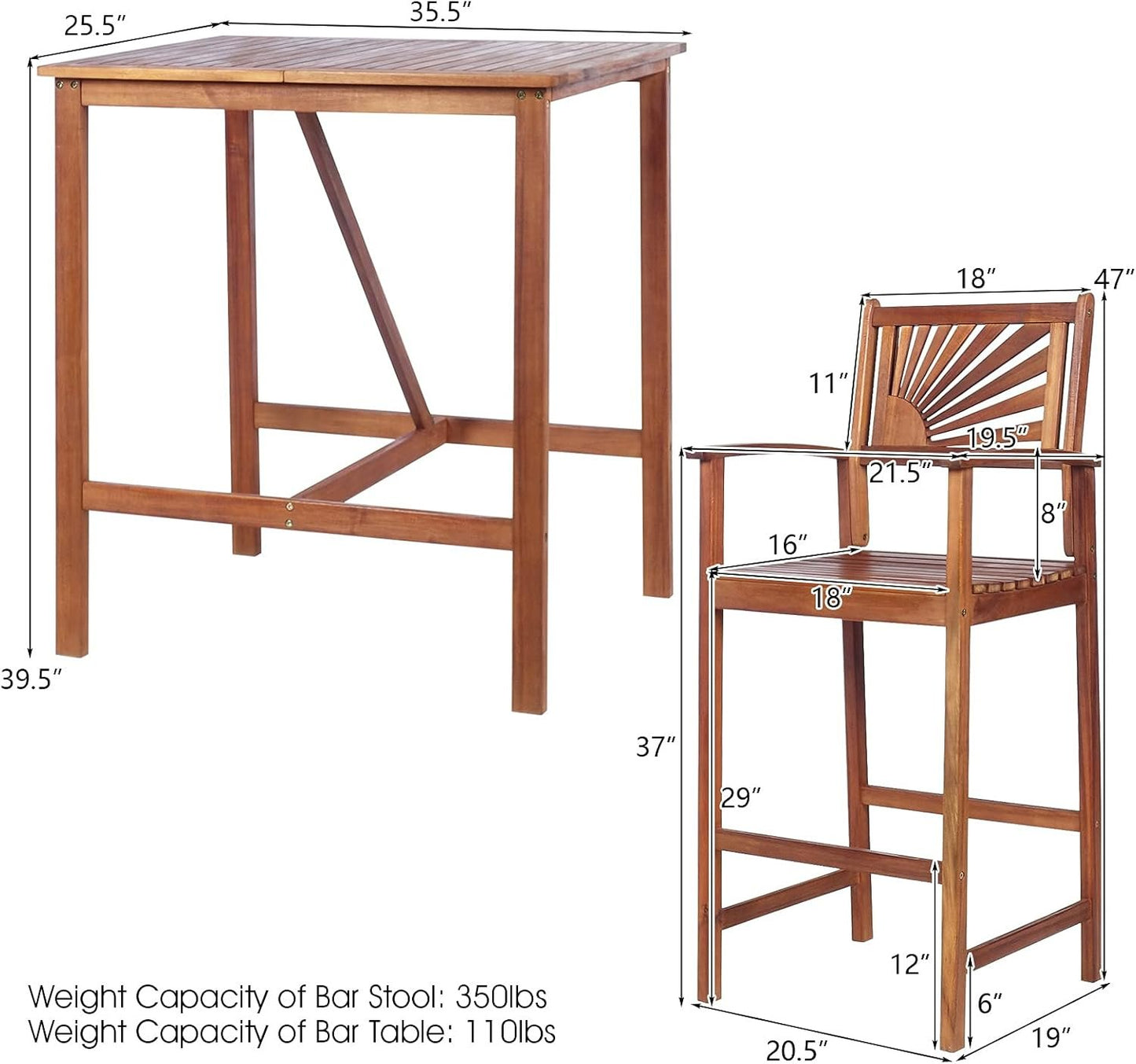 COSTWAY 3PCS Bar Table Set, Outdoor Acacia Wood Dining Set, Spacious Tabletop, Comfortable Backrest, Suitable for Sunroom, Backyard, Balcony, Space-Saving Design