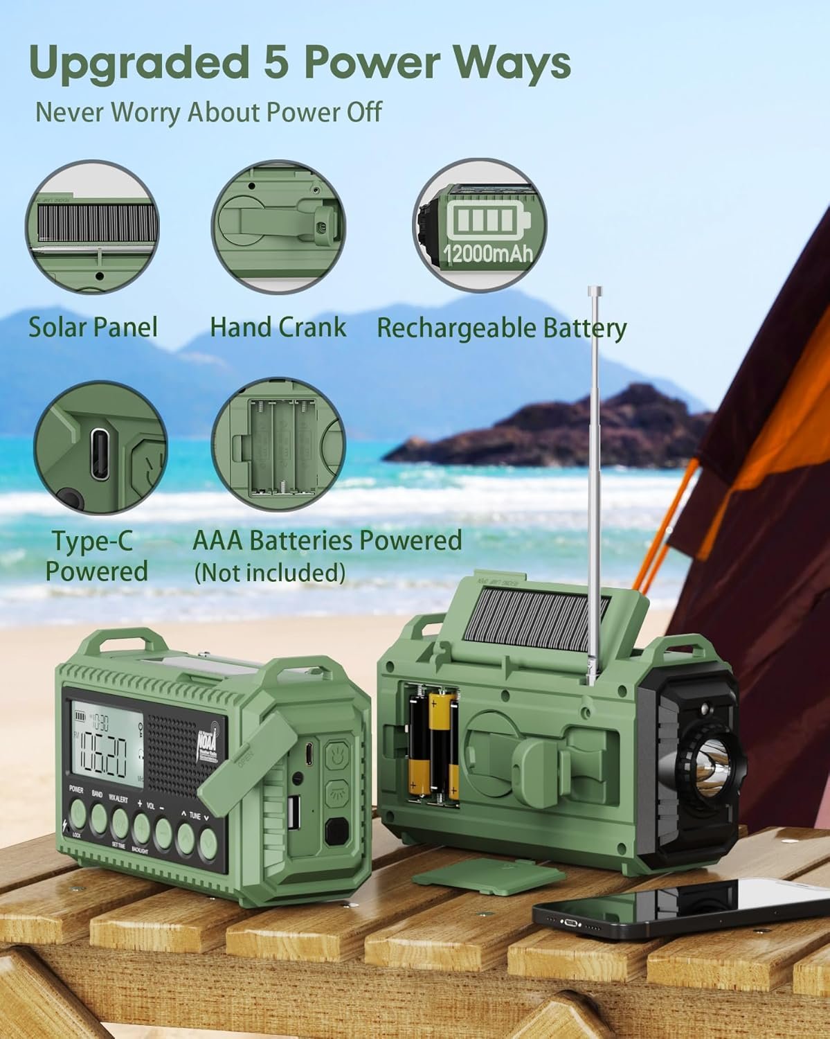 12000mAh Portable Emergency Weather Radio with Solar Hand Crank Rechargeable,7 NOAA Stations & AM/FM/Shortwave Radio, Reading Lamp, Flashlight, SOS, USB Charging Port, 3.5mm Earphone Jack for Survival