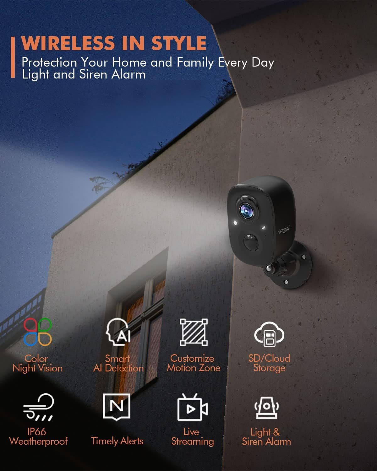 Dzees Security Camera Outdoor Wireless - Upgrade 2K 3MP Battery Powered WiFi Outdoor Camera Wireless, Spotlight, Siren, AI Dectection, Color Night Vision, IP66 Waterproof Cloud/SD-Black