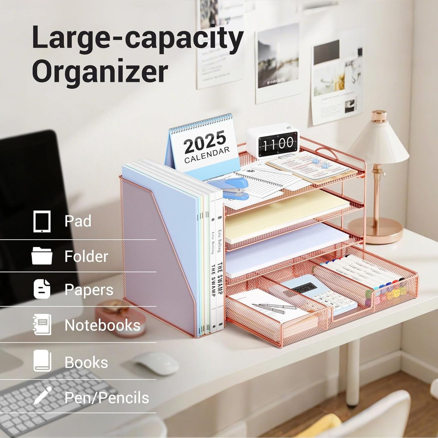 OPNICE Desk Organizers and Accessories, 4-Tier Paper Letter Tray Organizer with Removable File Holder + Drawer, Office Desktop Workspace File Organizer for Office Supplies Desk Accessories (Rose Gold)