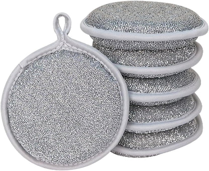 Dish Sponges Kitchen, Steel Wire Reusable Scrub Sponge, 6pcs Multipurpose Cleaning Cloths, Compact Non Scratch Scouring Pads for Tableware, Utensils, Cookware and Sink Cleaning