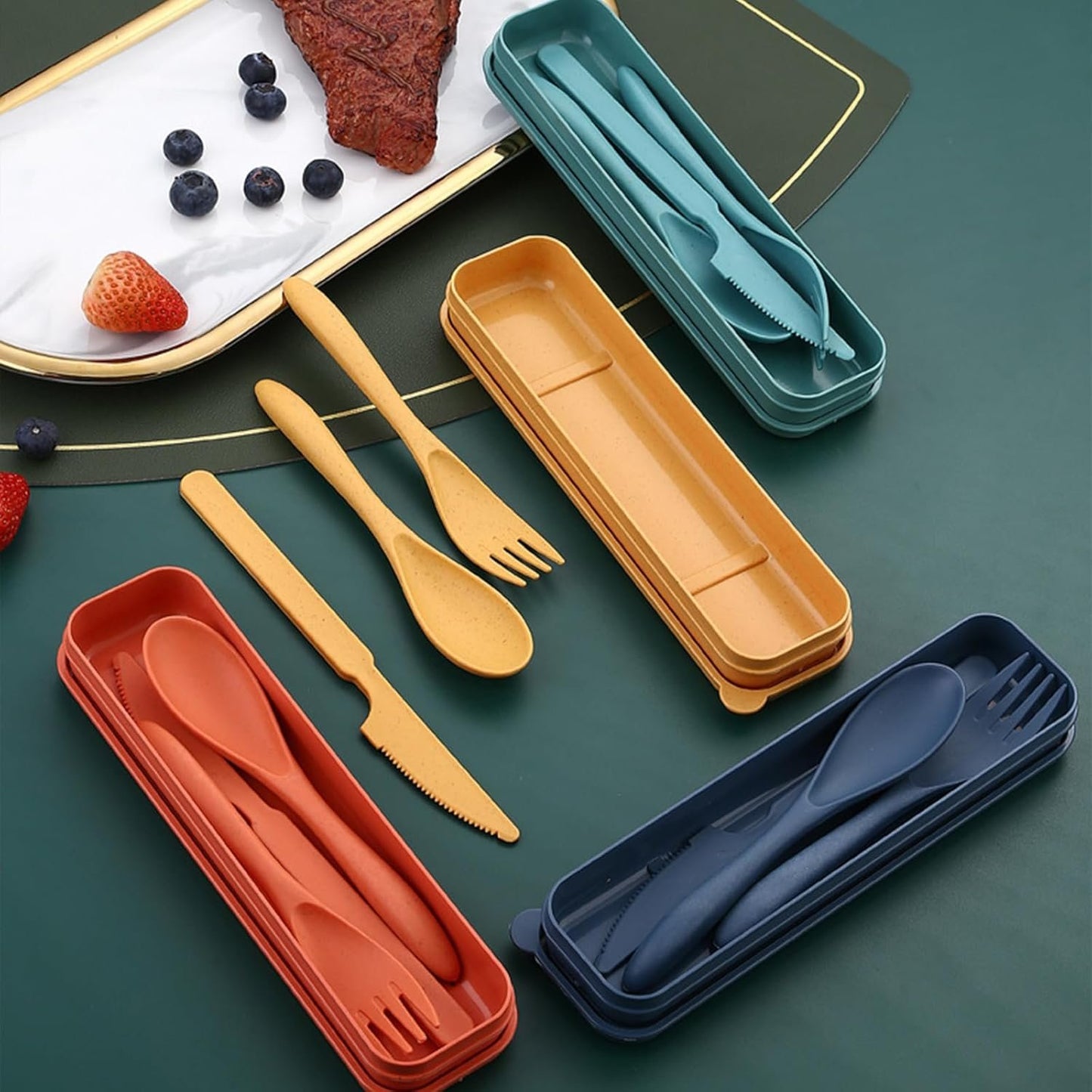 9 Sets Wheat Straw Cutlery, Reusable Utensil Set with Case Spoon Knife Fork Tableware Set, Portable Camping Utensils for Kids Adult Travel Picnic Camping Essentials (9 Colors)