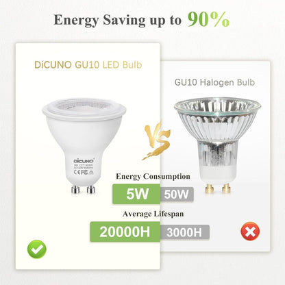 DiCUNO GU10 LED Bulbs, 50W Equivalent, 6000K Daylight White, 5W 500lm, MR16 45° Flood, Non-Dimmable for Track & Recessed Lighting, 10-Pack