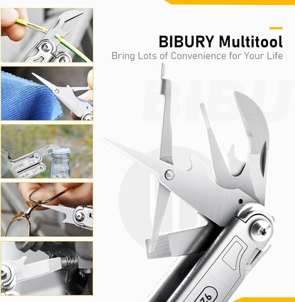 BIBURY Multitool Pliers,19-in-1 Pocket Multi-Tool w/Screwdriver Sleeve,Wire Cutters, Spring-Action Scissors & Nylon Sheath, Stainless Steel Multi-Plier for Survival, Camping, Hunting,Fishing & Hiking