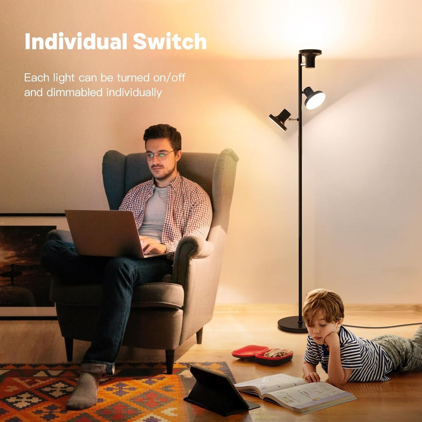 SIBRILLE 36W LED Tree Floor Lamp, Super Bright Standing Lamp with Remote & Touch Control, 4 Color Temperatures,3 Rotatable Lights, Dimmable Floor Lamps for Living Room, Bedroom, Office