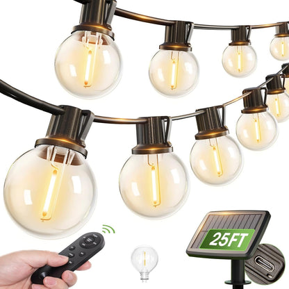 addlon 25FT Solar Lights Outdoor with Remote, 13 Shatterproof G40 Bulbs, Solar Powered & USB Charging Solar Outdoor Lights, Dimmable Waterproof Solar String Lights for Outside, Camping, Backyard