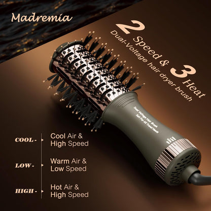 Travel Dual Voltage Blow Hair Dryer Brush 4-IN-1 Portable Mini Hot Air Dryer Straightener & Curler Brush, Titanium Round Blowout Styler Volumizer Tools, 110/240V US/EU/UK Plug for International Travel