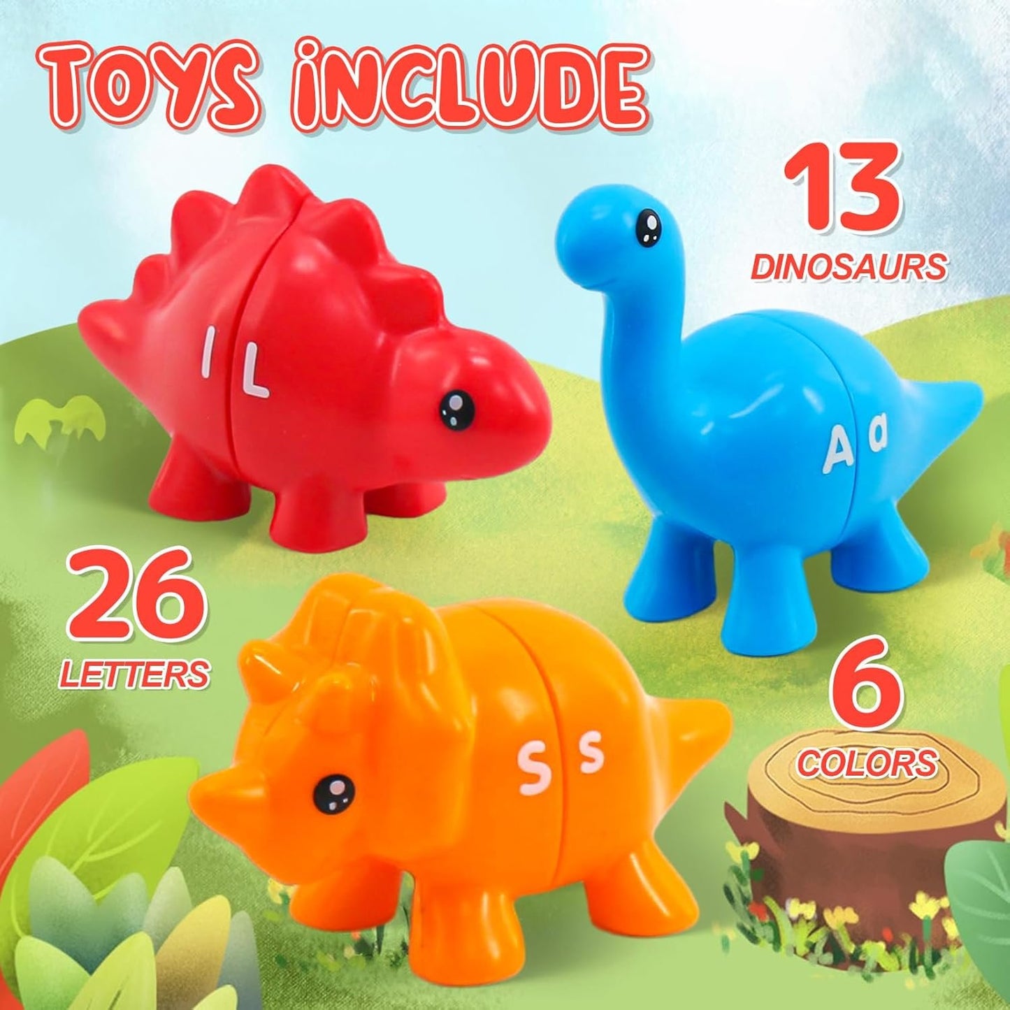 Montessori Learning Toys for Toddlers 1-3, Matching Letters Fine Motor Toy, Double-Sided 26 PCS ABC Dinosaur Alphabet Games for Kids Ages 3-5, Alphabet Learning Dinosaur Set for Kindergarten