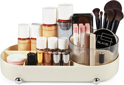 ilauke 360° Rotating Makeup Organizer with Drawers - Multifunctional Vanity Table Organizer for Bathroom and Bedroom, Generous Capacity, Bathroom Organizer (Beige)