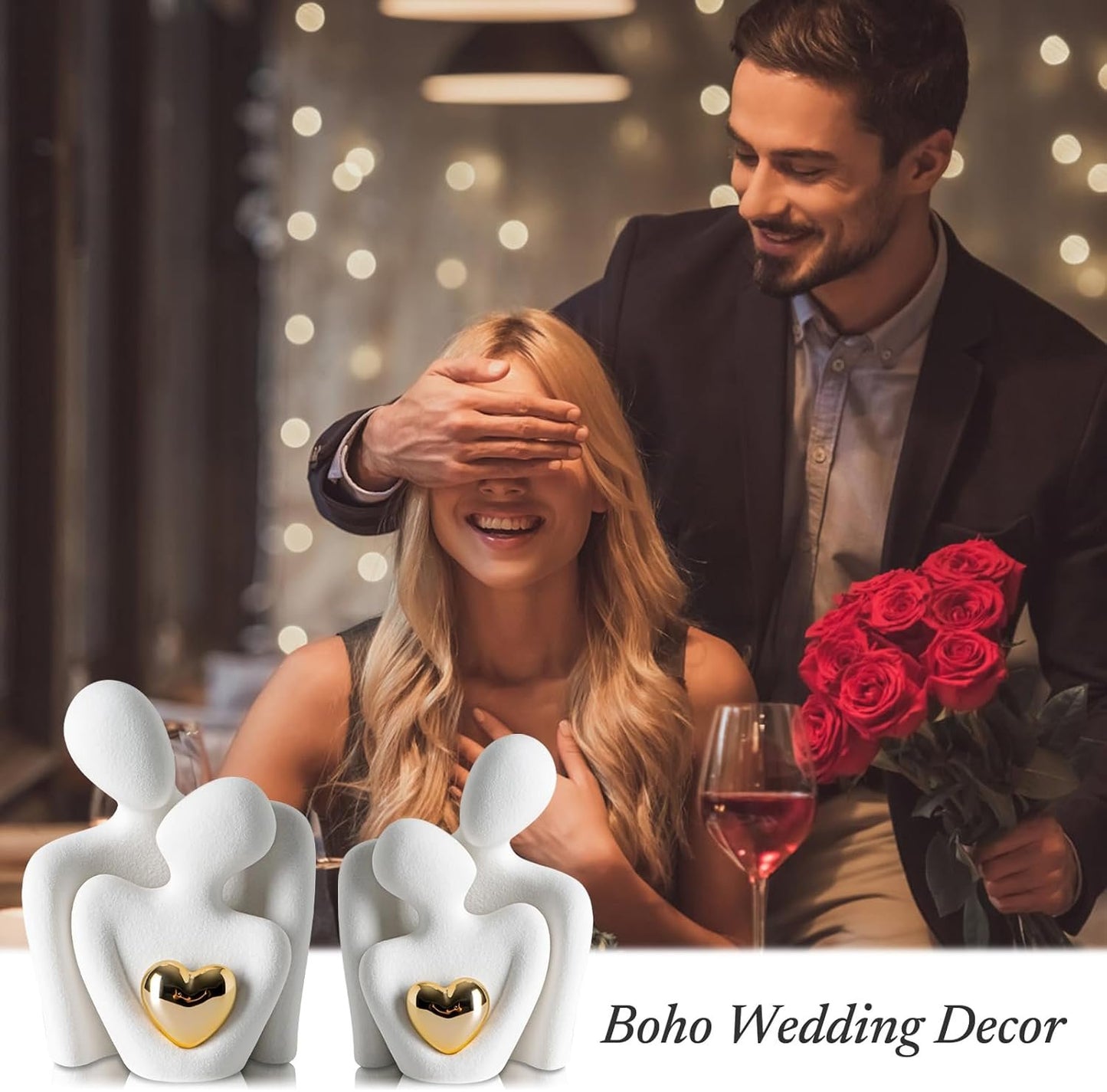 Couple of Lovers Statue, Romantic Modern Sculpture Golden Heart Design – Home Decorative Figurines, Modern Ornaments, Bride and Groom Gift, Modern Decor – Gift Anniversary Wedding Figures