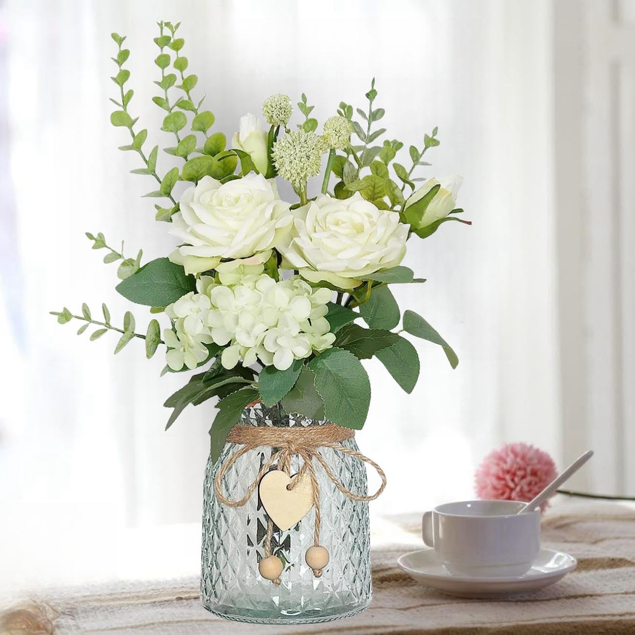 Avoik Artificial Flowers with Glass Vase Fake Flower Bouquet Faux Rose in Vases for Home Dcor Flowers Modern Home Decor Table Decorative Flower Vase for Dinner Office Bedroom, White