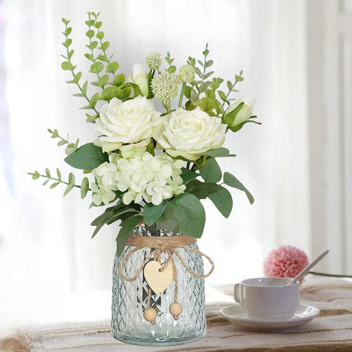 Avoik Artificial Flowers with Glass Vase Fake Flower Bouquet Faux Rose in Vases for Home Dcor Flowers Modern Home Decor Table Decorative Flower Vase for Dinner Office Bedroom, White