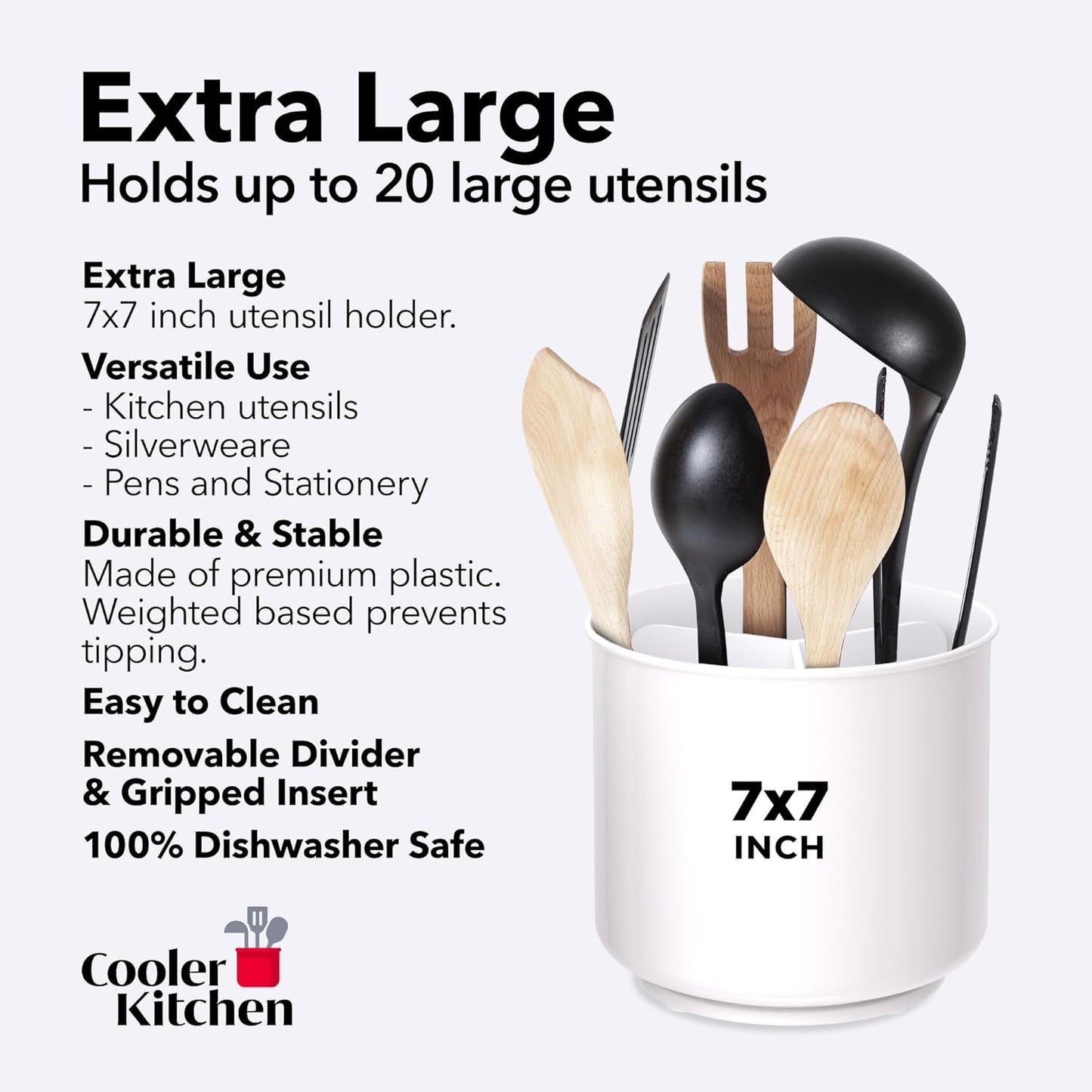 Extra Large Heavy Duty Rotary Tool Holder with Weighted Spill Resistant Base, Removable Divider and Fitted Kitchen Utensil Holder Insert, Rust Proof and Dishwasher Safe White
