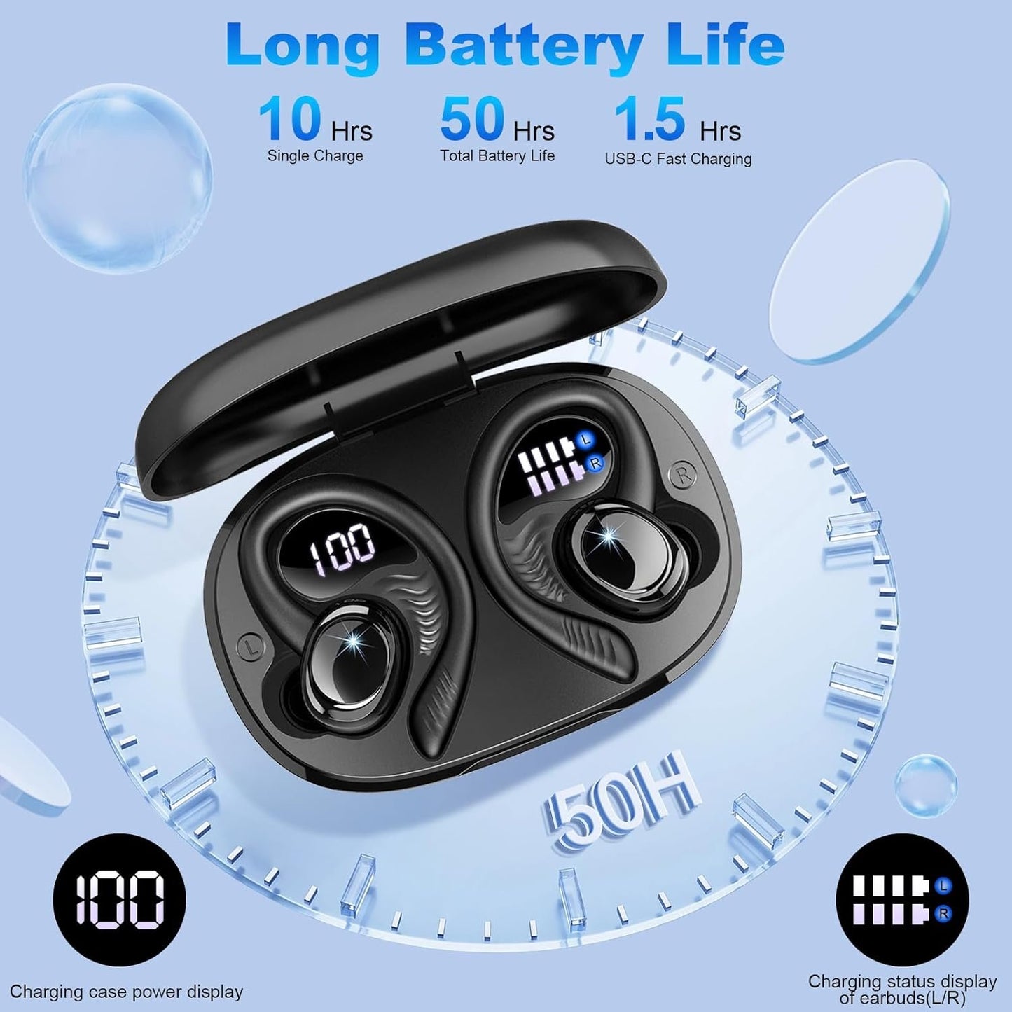 Wireless Earbuds, 2025 Bluetooth V5.4 Headphones Sport, Bluetooth Earbuds with 4 ENC Noise Cancelling Mics, 50H HD Stereo Bass Wireless Headphones, IP7, LED Display, USB-C Ear Bud for Workout/Running