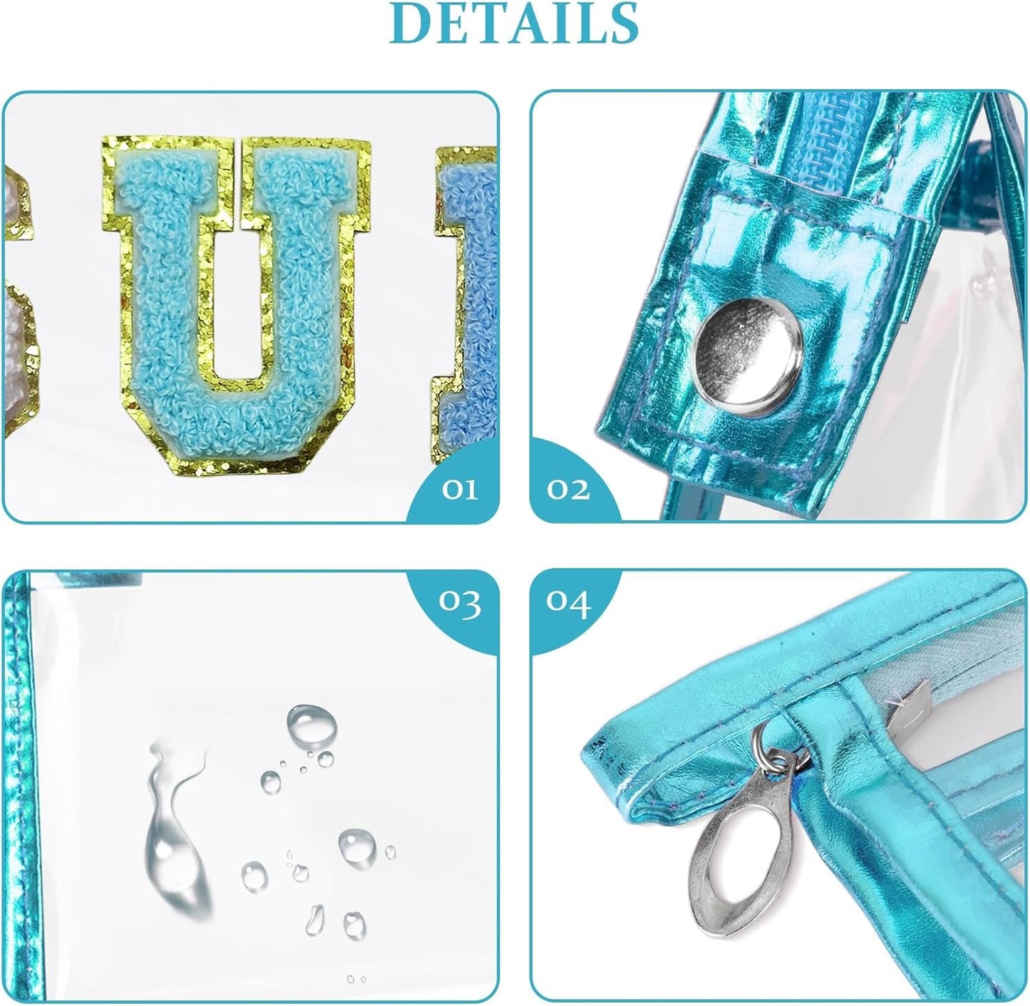 COSHAYSOO Clear Makeup Bag Sunscreen Pouch with Letter Patches Summer Beach Essential Stuff Accessories Birthday Christmas Gifts for Women Mom Teacher Nurse, Blue-SUN, Preppy