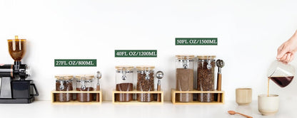 KKC HOME ACCENTS Airtight Borosilicate Glass Loose Tea & Coffee Beans Storage Containers with Bamboo Clamp Lids & Scoops - Glass Food Storage Jars for Nuts, Sugar, Matcha, Pantry Organization - 800 ML