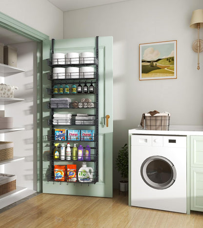 Over The Door Pantry Organizer, Wall Mount Spice Rack, Pantry Hanging Storage and Organization, 8 Adjustable Baskets Heavy-Duty Metal for Home & Kitchen, Back of Door Seasoning Rack - Black