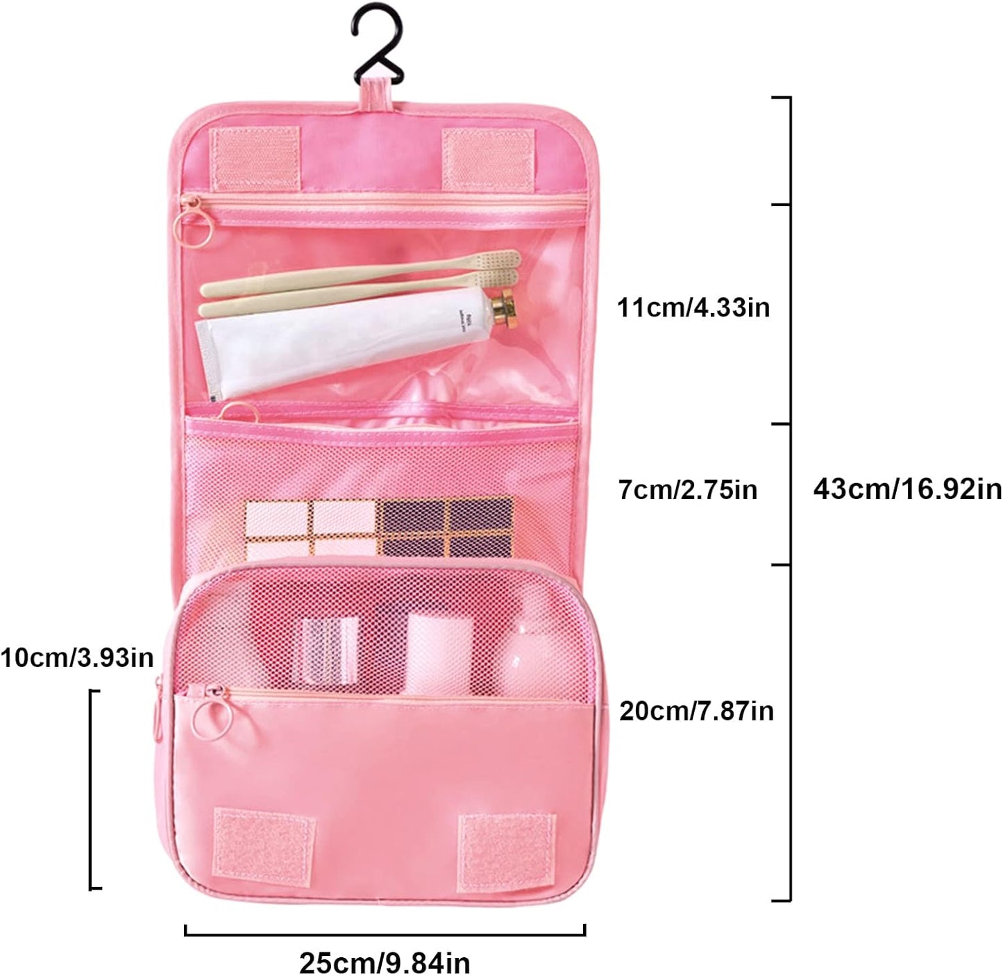 Hanging Toiletry Bag, Travel Wash Bag for Women Portable Folding Cosmetic Organizer Large Capacity Girls Makeup Bag Waterproof Shower Bag with Separate Compartment, Pink