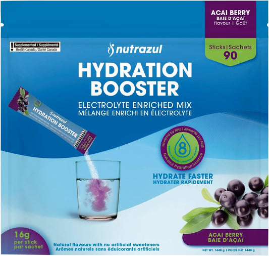 Nutrazul Hydration Booster | Supports Rapid Hydration | Electrolyte Enriched Mix | No Artificial Sweeteners | Acai Berry Flavour| Vegan, Gluten-Free, Non-GMO | 90 Sticks