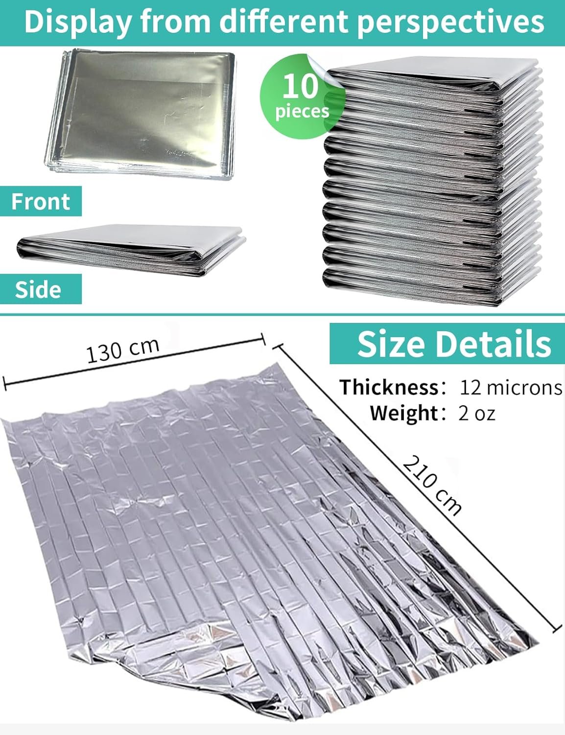 10 PCS Emergency Mylar Thermal Blankets, Waterproof Rescue blanket, Outdoor survival portable emergency blanket, Reflective Camping blanket, Space Blanket Survival kit, Body Warmer Blanket for Outdoor