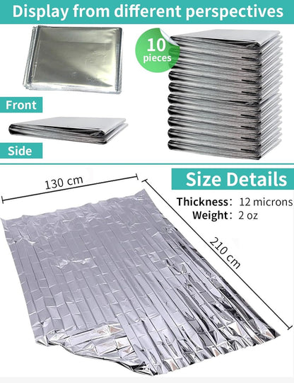10 PCS Emergency Mylar Thermal Blankets, Waterproof Rescue blanket, Outdoor survival portable emergency blanket, Reflective Camping blanket, Space Blanket Survival kit, Body Warmer Blanket for Outdoor
