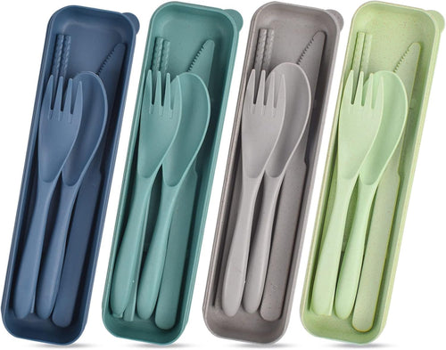 Utensils Set with Case, 4 Sets Reusable Cutlery Set, Plastic Utensil Set Spoon Knife Fork Chopsticks, Portable Flatware Set for Lunch Box, Camping Tableware Set for School Picnic Daily Use
