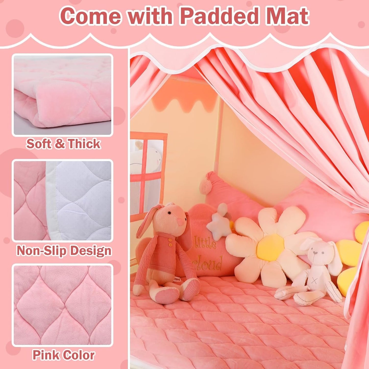 Wilwolfer Kid Tent with Mat, Star Lights - Kids Play Tents for Toddlers Kids Tents Indoor Playhouse - Princess Tent for Girls Toy House Gift - Pink Play Tent - NO Flowers & Moon Decor