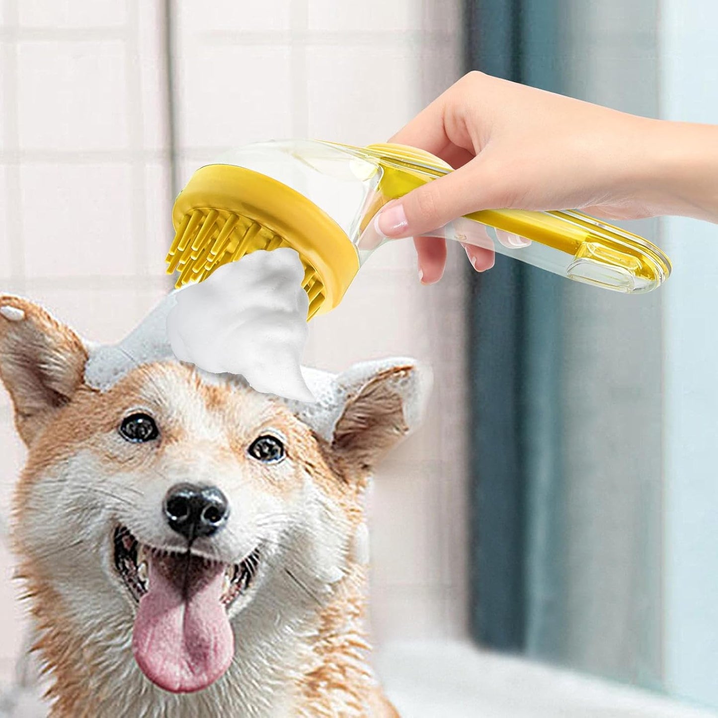 Dog Bath Brush, Pet Massage Brush with Shampoo Dispenser, Reusable Silicone Bristles, Gentle Cat Comb Cleaner, 7.48x2.76x3.74 Inches, Ideal for Small Animals, Kitten, Puppy