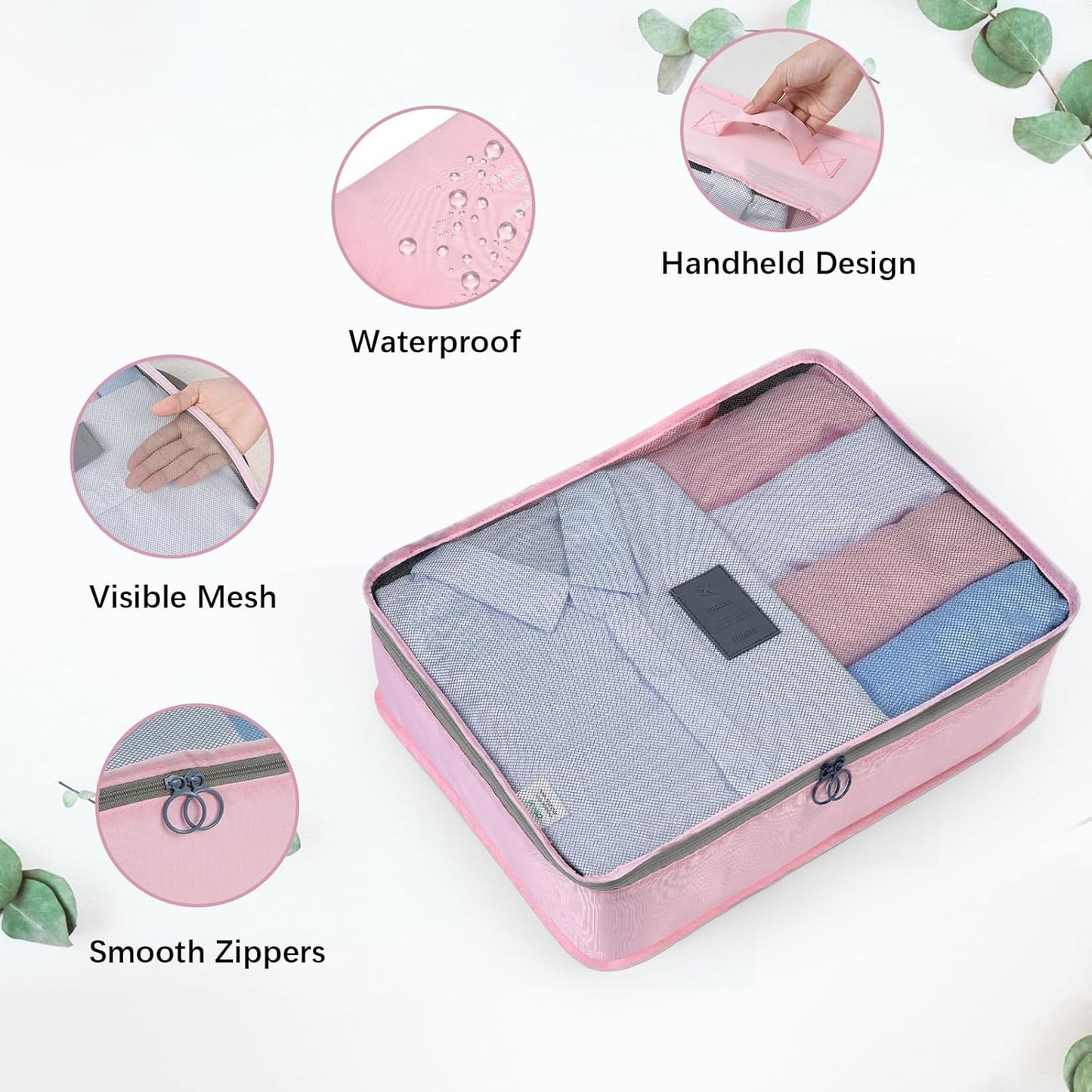 OTraki 8 Piece Suitcase Organizer, Space-Saving Travel Makeup Bag, Washable Travel Set (Pink)