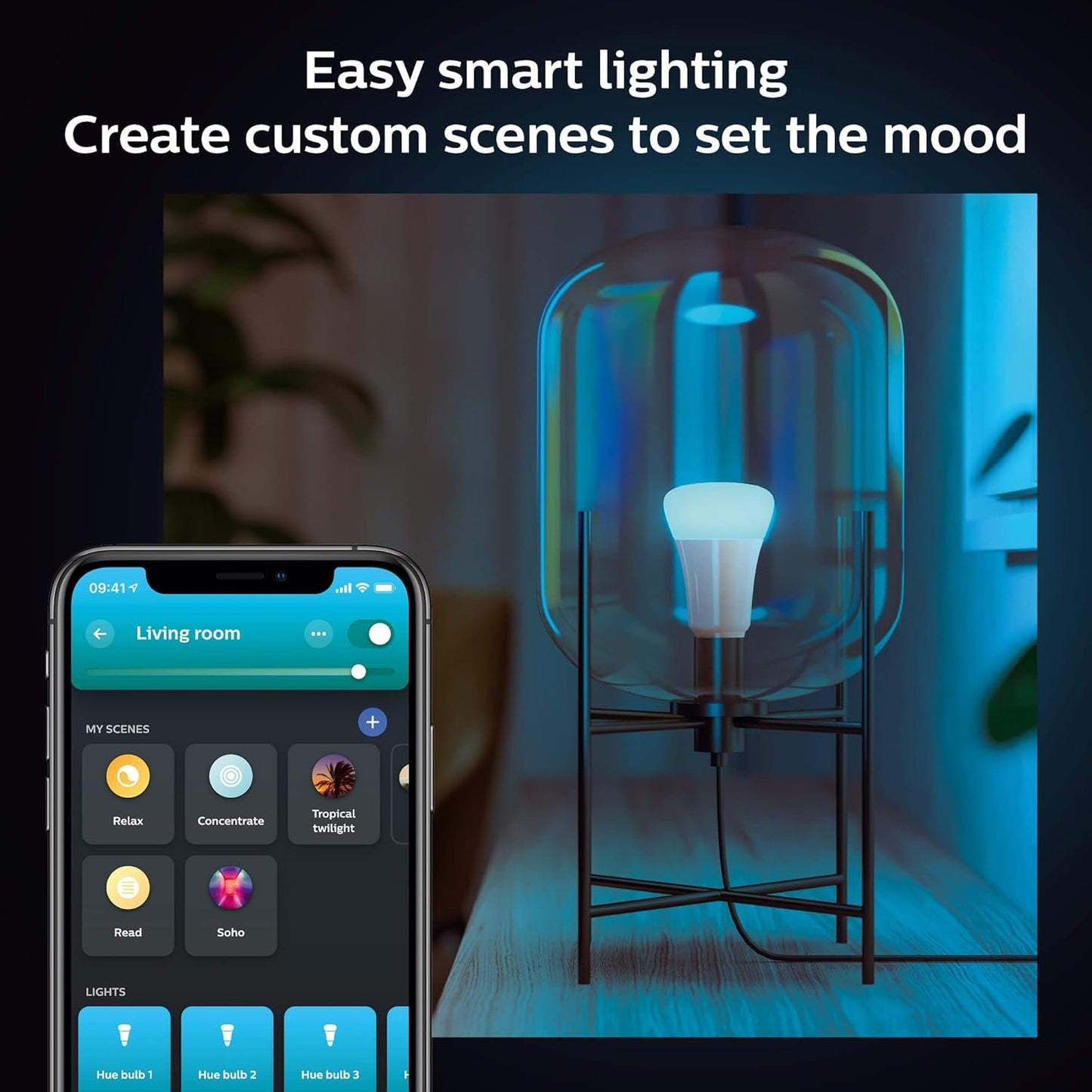 Philips Hue Smart Lighting Bundle: 3-Pack A19 LED Smart Light Bulbs (White and Color Ambiance) with Philips Hue Bridge - Control with Hue App, Compatible with Alexa, Google Assistant, Apple Homekit