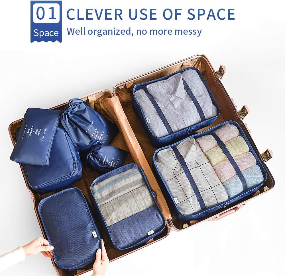 AMAYGA Organizer Suitcase Set of 8, Travel Organizers Cubes Packaging Laundry Bag Compression Bags for Clothes, Cosmetics, Shoes, Underwear (Dark Blue), dark blue