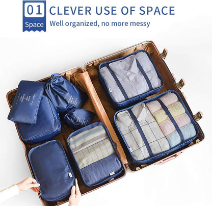 AMAYGA Organizer Suitcase Set of 8, Travel Organizers Cubes Packaging Laundry Bag Compression Bags for Clothes, Cosmetics, Shoes, Underwear (Dark Blue), dark blue