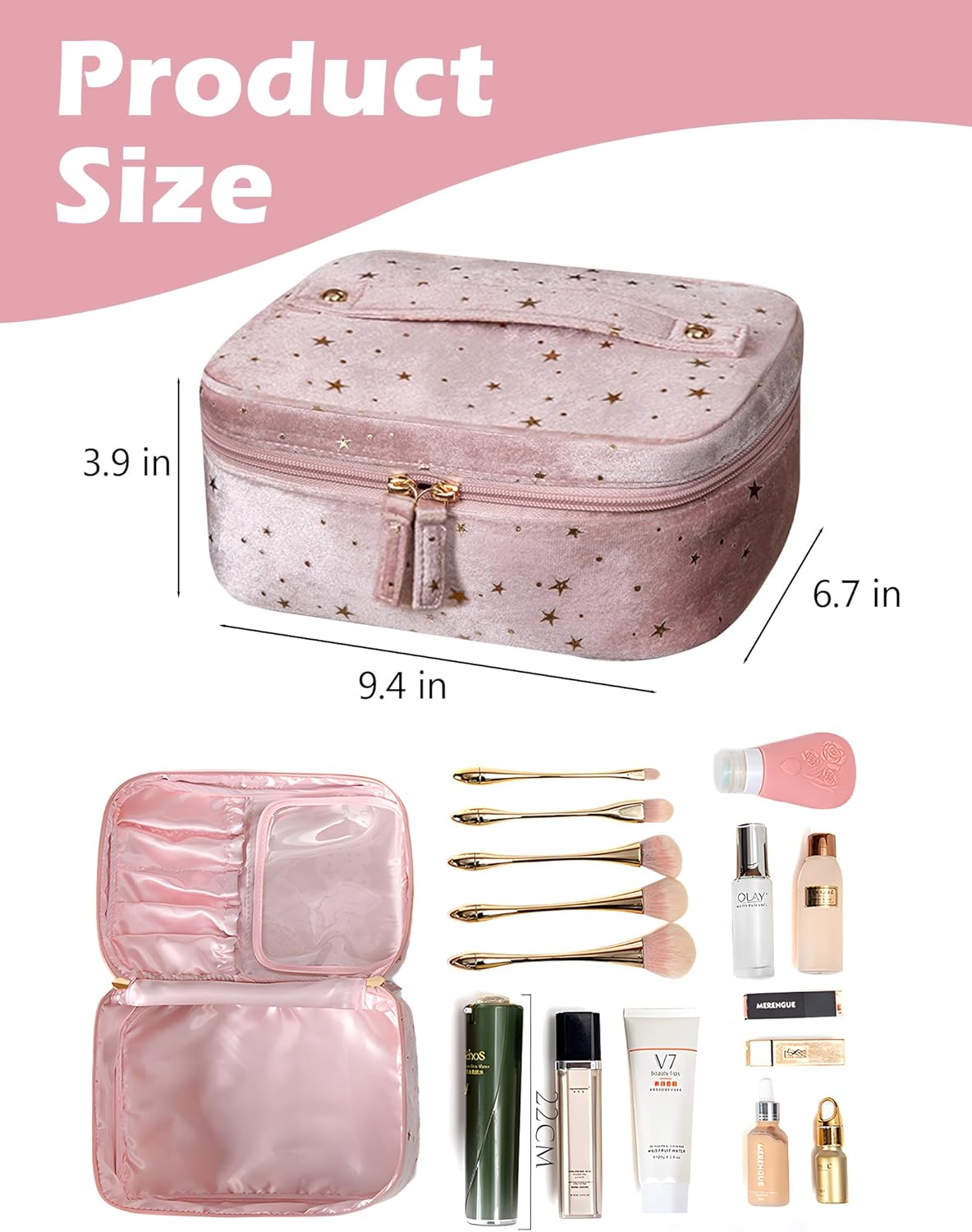 Travel Makeup Bag,Velvet Makeup Bag with Handle Cosmetic Bags for Women,Beautician Storage Bag,Large and Classy Makeup Organizer