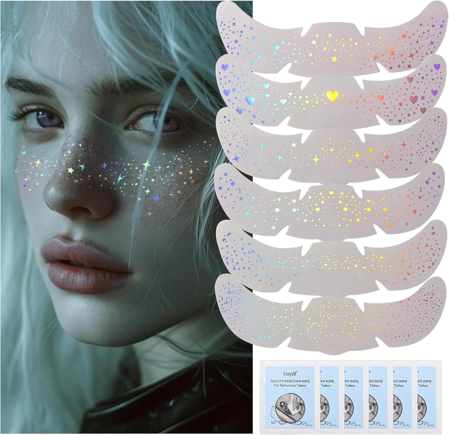 HOSAILY 6 pcs Holographic Multichrome Glitter Freckles Face Tattoo, Waterproof Sparkle Face Glitter Speckles Patches for Women, Cute Star Glitter Temporary Tattoo Makeup Accessories for Festival Rave
