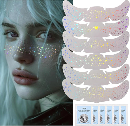 HOSAILY 6 pcs Holographic Multichrome Glitter Freckles Face Tattoo, Waterproof Sparkle Face Glitter Speckles Patches for Women, Cute Star Glitter Temporary Tattoo Makeup Accessories for Festival Rave