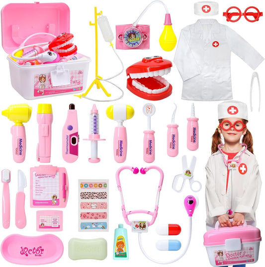 LOYO Doctor Kit Kids - Dentist kit for Kids, Doctors Play Set with Doctor Costume, Pretend Play Toddler Toy for 2 3 4 5 6 7 Years Old Girls Boys Birthday Gifts (Pink)