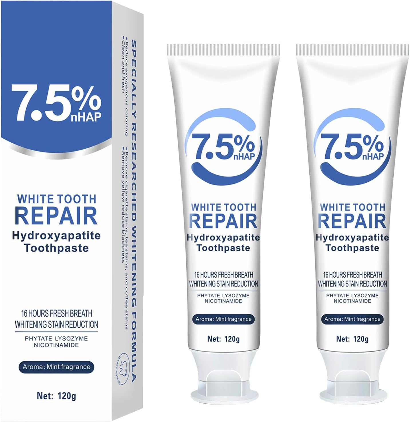 7.5% Hydroxyapatite Toothpaste, Hydroxyapatite Toothpaste that Breathes Fresh, Deep Cleaning Oral Care Toothpaste, Regenerate Hidroxiapatita Toothpaste for Sensitive Teeth, 120g, 2PC