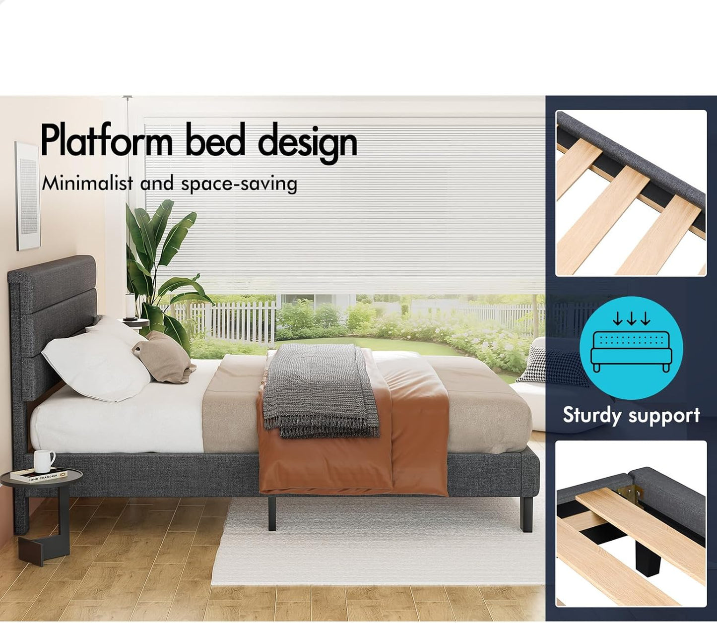 ALFORDSON Bed Frame Base Queen Size with Headboard, Bed Platform Foundation with Linen Fabric Upholstered for Mattress Topper, Harlene Series Fabric Grey